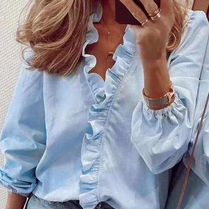 2024 Vintage Ruffles Women Blouses Autumn Long Sleeve Office Lady Elegant Tops Cotton Casual Tops V-neck Shirt Clothing - MauBai