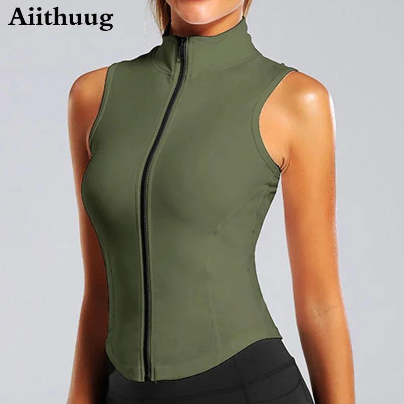 Aiithuug Athletic Zip Up Sweat Vest Jacket Sleeveless Running Yoga Tops High Neck Shirts Sports Top Fitness Women Workout Tops - MauBai