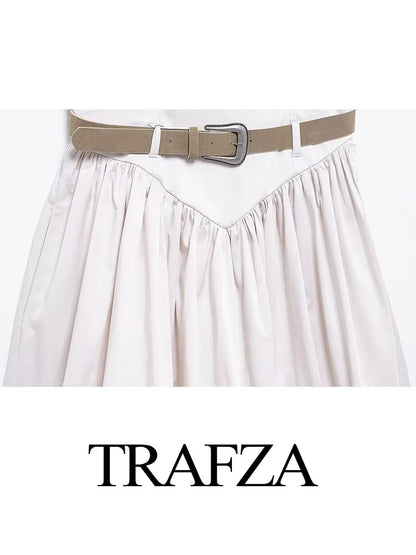 TRAFZA Women Summer High Street Pleated Dress Woman Fashion Square Collar Belt Decorate Sleeveless Zipper Mini Sling Dresses