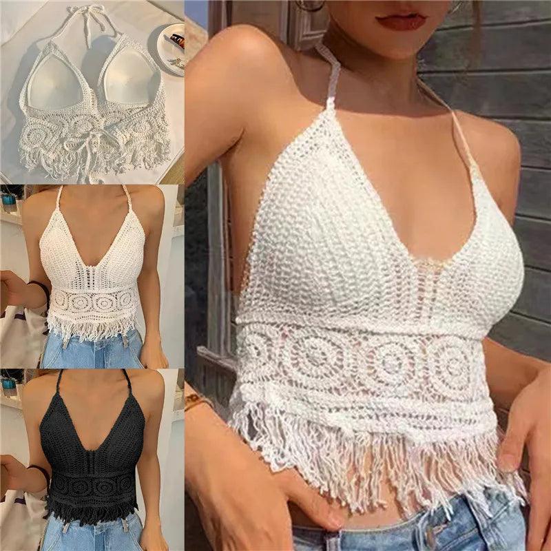 Women's Crochet Knit Swimsuit Bathing Suits Cover up Vest Top Hollow Out Beachwear Crop Tank Tops