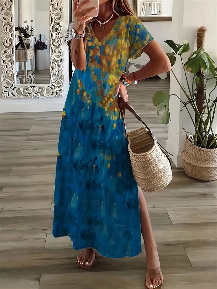 Women's Dresses Summer Ladies Textured Printed Evening Fashion Splicing V Neck Loose Bohemian Resort Split Long Dress Basic