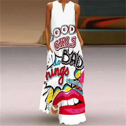 2024 Spring Summer Hot Women's Dresses Art Line Mask Print Sexy Sleeveless V-neck Long Dress Casual Women's Clothing Maxi Dress