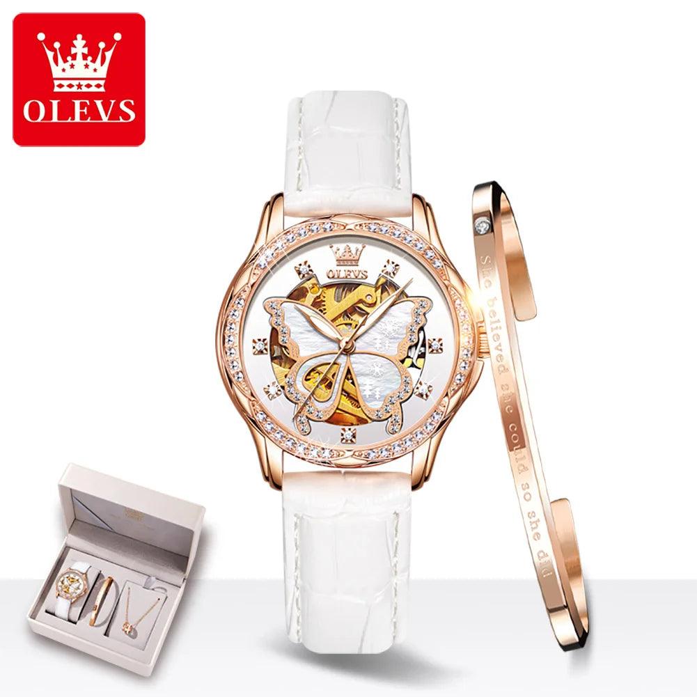 OLEVS 6622 Butterfly Dial Luxury Mechanical Watch For Women Hollow Ceramic Strap Wristwatch Waterproof Original Woman Watches