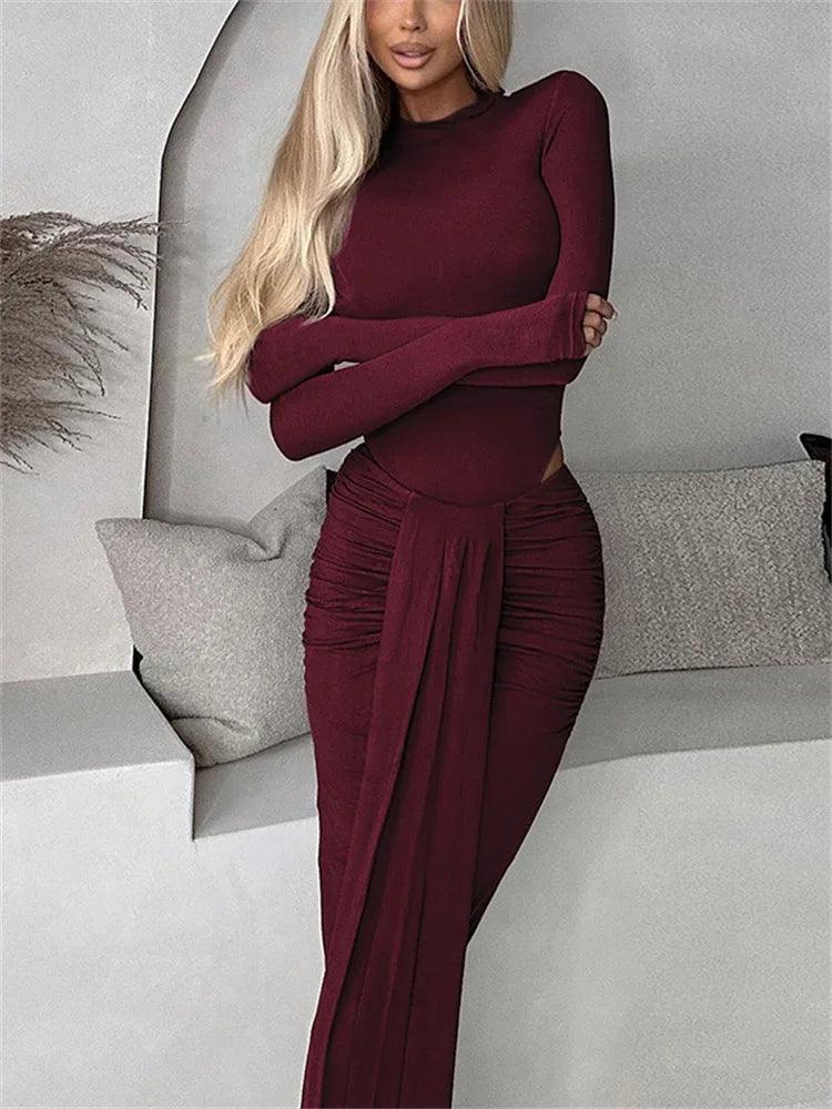 Tossy Winter Ladies 2 Piece-Set Maxi Skirt Casual High Waist Jumpsuit And Pleated Long Skirt Outfits Sexy Solid Skinny Outfits - MauBai