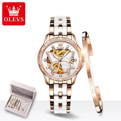 OLEVS 6622 Butterfly Dial Luxury Mechanical Watch For Women Hollow Ceramic Strap Wristwatch Waterproof Original Woman Watches