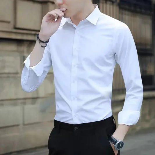 Long Sleeved Shirt, Men's Elastic Bamboo Fiber, Non Ironing Silk Shirt, Middle-aged and Elderly Professional Men's Clothing