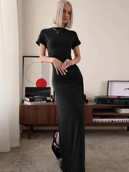 Women's Elegant O Neck Maxi Dress Short Sleeve Slim High Waist Shirring Dress Sexy Side Slit Evening Club Bodycon Dress Lady - MauBai