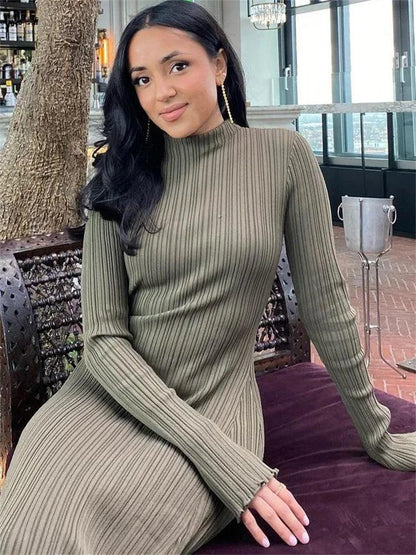 Tossy Autumn Ruffled Knitwear Long Dress Female Long Sleeve Loose Ribbed High Waist Maxi Dress Streetwear Knit Solid Women Dress - MauBai