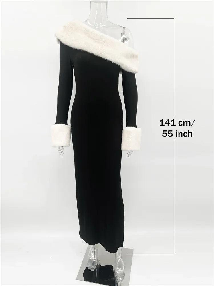 Tossy Fluffy Winter Slim Maxi Dress Female High Waist Long Sleeve Sexy Off-Shoulder Patchwork Bodycon Dress Ladies Party Dress - MauBai