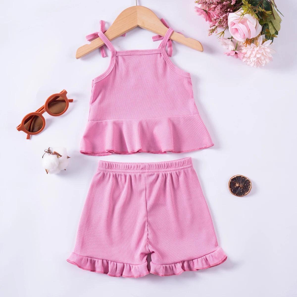 2024 Baby Girls Summer Set Toddler Thin Ruffle Edge Sling+Comfortable Ruffle Edge Shorts 2-piece Set for Outgoing or Party Wear