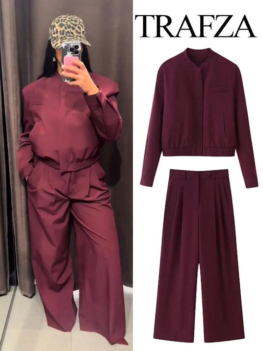 TRAFZA Women Fashion Suits Solid O-Neck Long Sleeves Pockets Zipper+High Waist Loose Pants Female Spring Streetwear Style Sets - MauBai