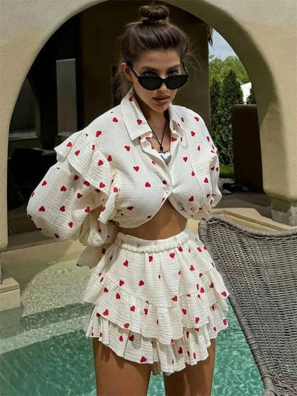 Tossy Ruffled Printed Patchwork 2 Piece-Set Female Lace-Up Long Sleeve Cardigan And High Waist Shorts Sets Ladies OOutfits 2025 - MauBai