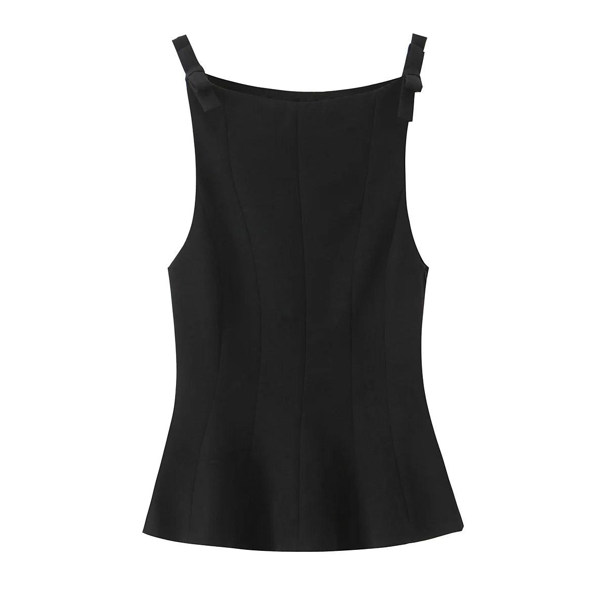 TRAFZA Women's New Fashion O-Neck Tops Solid Sleeveless Bow Decorate Zipper Female Summer Streetwear Style Sexy Top 2 Color - MauBai