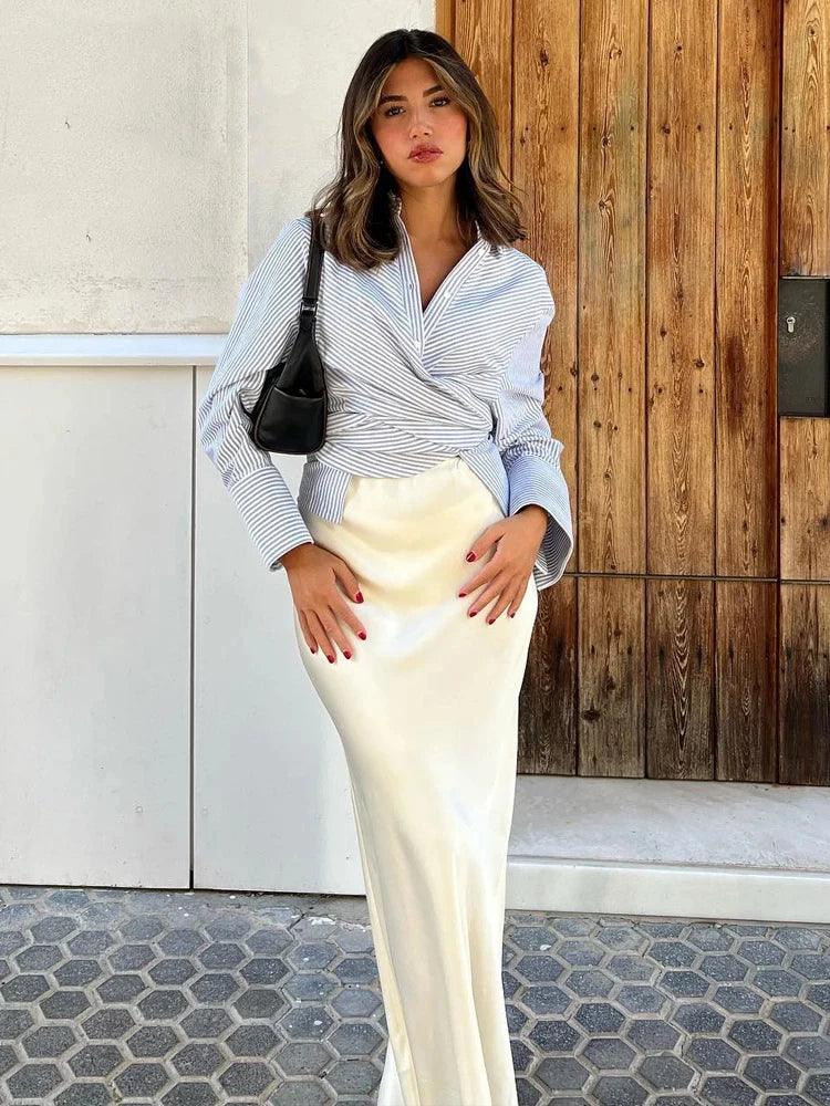 Tossy White High Waist Slim Maxi Skirt For Women Satin Fashion Elegant Solid Patchwork Casual Clothes Summer 2024 Long Skirt New - MauBai