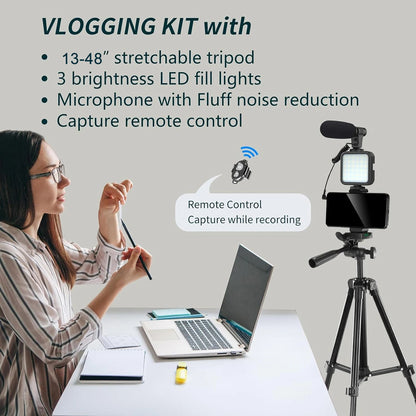 MAMEN Portable Vlogging Kit 48IN Phone Camera Tripod with Microphone LED Light for Photo Vlog Selfie Interview Live Streaming