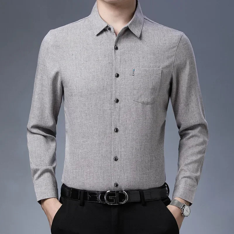 Gift Four Seasons Non ironing Middle aged Men Casual Shirt Imitation Linen Solid Color Shirt Fashion Business True Pocket DadSet