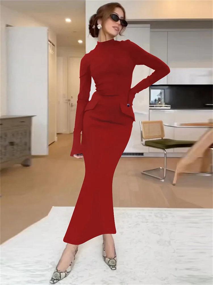 Tossy Female Elegant Fashion Maxi Dress High Waist Pocket Patchwork Skinny Commute Autumn 2024 Dress Women's Solid Long Dress - MauBai