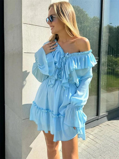 Tossy Ruffled V-Neck White Mini Dress Female Patchwork Long Sleeve Elegant Bandage Fashion Dress High Waist Lace-Up Women Dress - MauBai