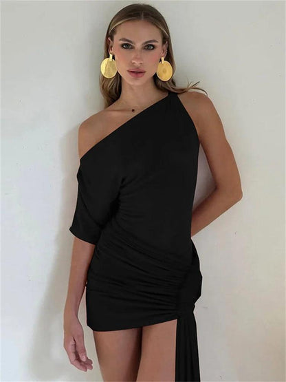 Tossy Sexy Summer Slim Mini Dress Female High Waist Short Sleeve One-Shoulder Patchwork Party Dress For Women Y2k Bodycon Dress - MauBai