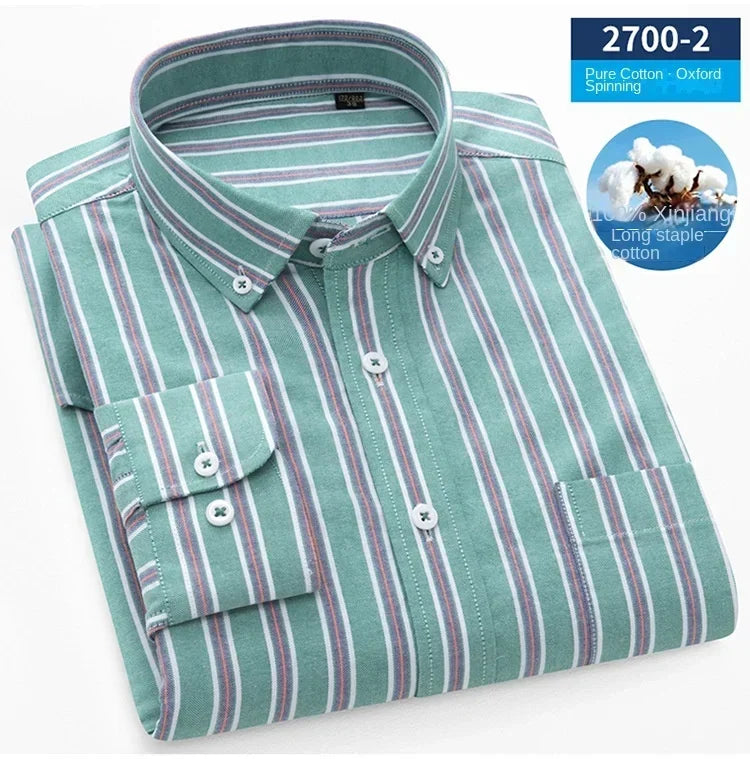 Plus size new cotton Oxford shirt men's long sleeve leisure business striped enzyme washed shirt men's tide, men dress shirt ,