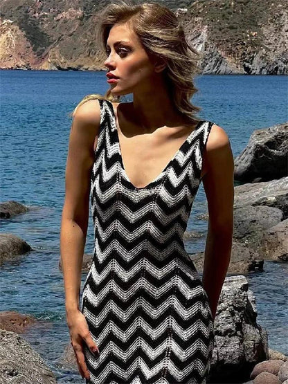 Tossy Striped Knit Sweater Maxi Dress Female V-Neck Slim Fashion Beach Holiday Casual Contrast Dress Elegant Women Party Dress - MauBai