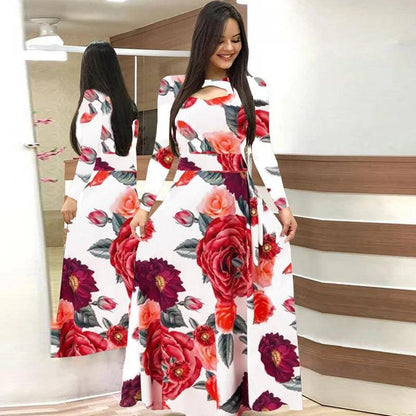 Spring /Autumn Fashion Flower Long Sleeved O-Neck Hollow Slim Fit Dress Women Elegant Long Vestido Maxi Clothes Robe Sexy Femme - MauBai