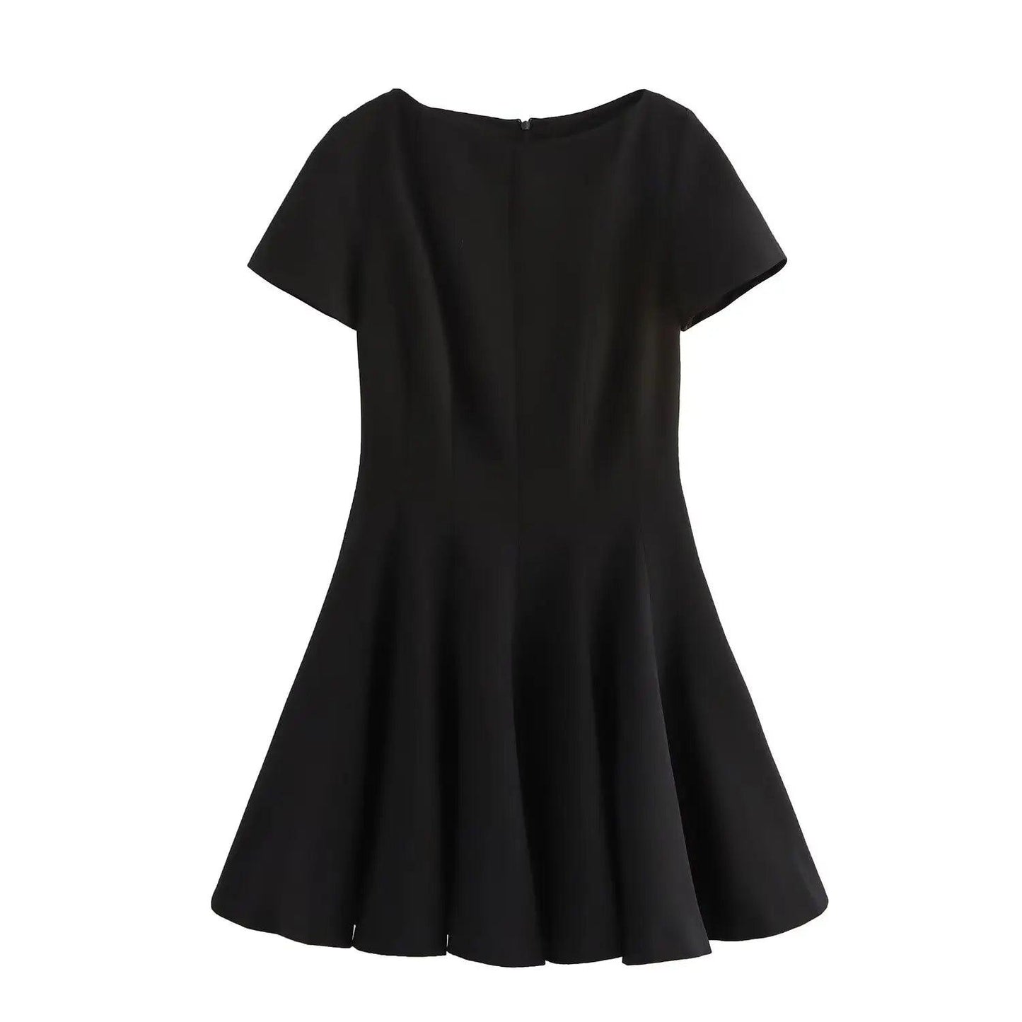 TRAFZA Women Fashion O-Neck Short Sleeves Zipper Solid Mini Dress Female Vintage Versatile Casual Slim Pleated Dress Mujer - MauBai