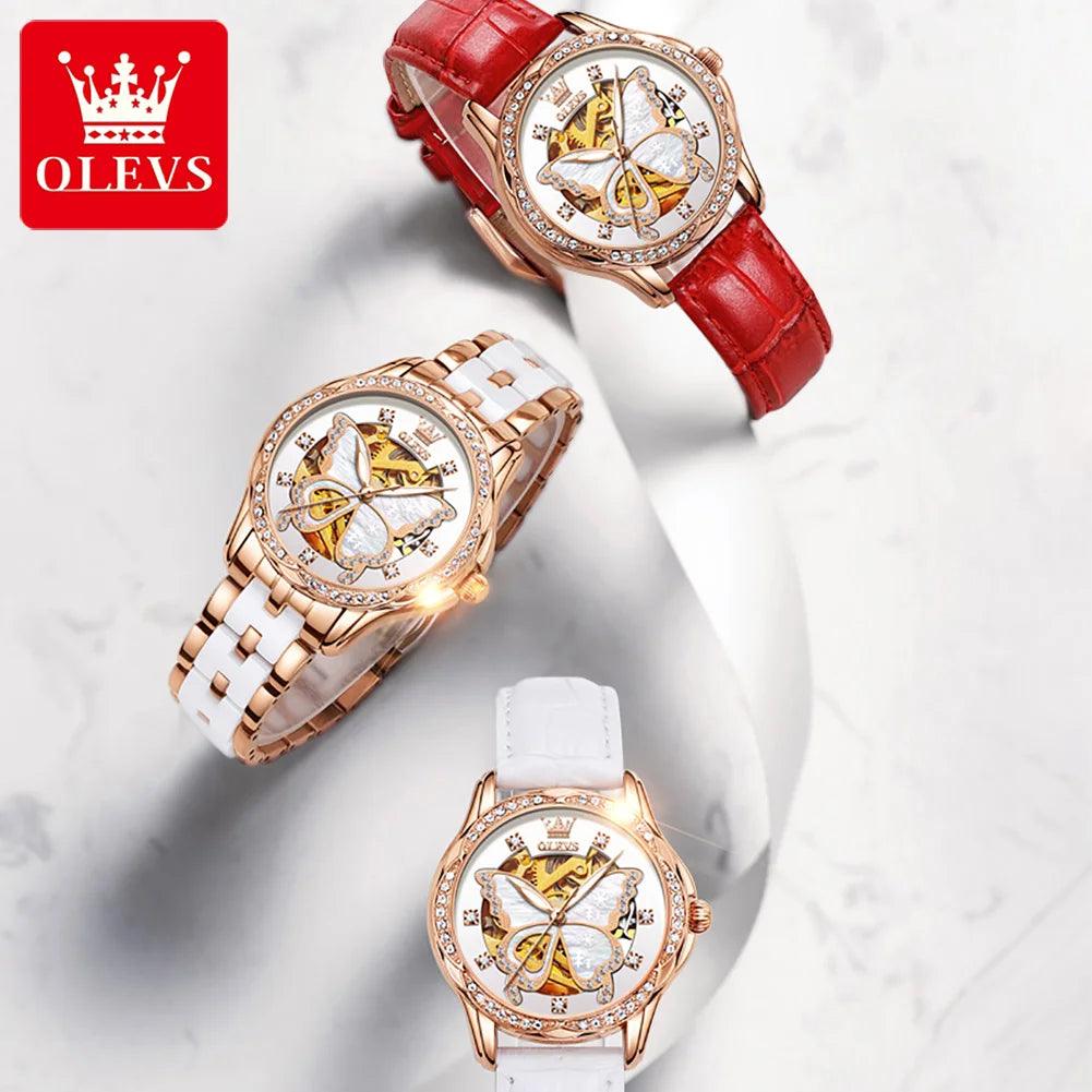 OLEVS 6622 Butterfly Dial Luxury Mechanical Watch For Women Hollow Ceramic Strap Wristwatch Waterproof Original Woman Watches