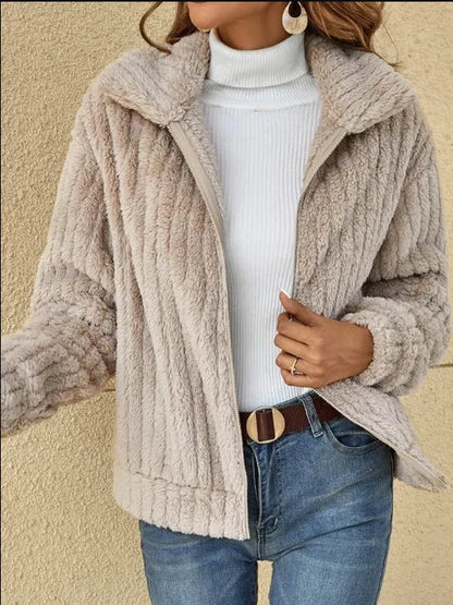 Women Fleece Basic Jacket Casual Female Turn Down Collar Teddy Pit Warm Zip Up Short Coats FYY-90089