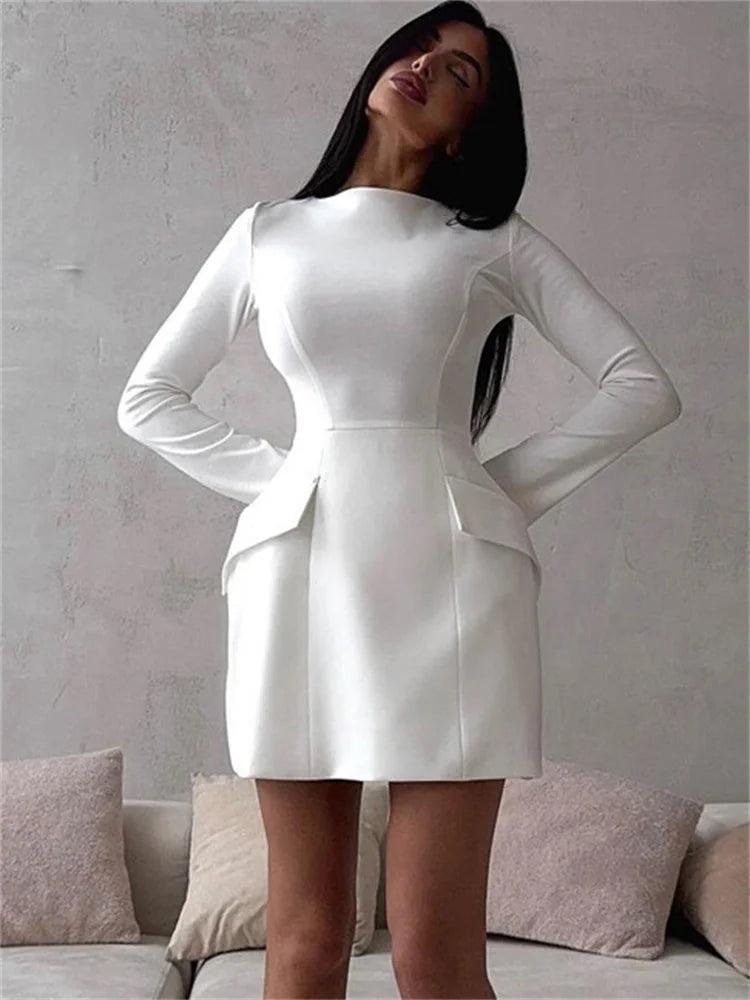 Tossy Female Elegant White Dress Sexy Patchwork Long Sleeve Commute Casual Clothes Dress For Women Zipper Autumn Mini Dress New - MauBai