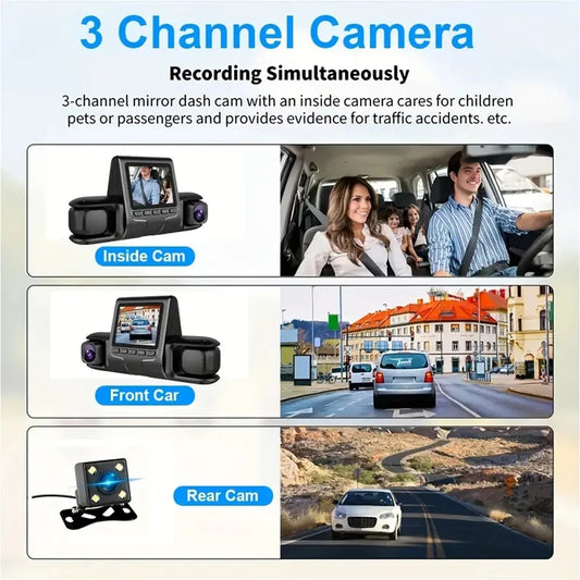 3 Camera Lens Car DVR 3-Channel Dual Lens Dash Cam HD 1080P Dash Camera Video Recorder 24H Parking Monitoring Dashcam