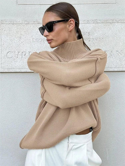 Tossy Winter Knit Turtleneck Pullover Female Clothes Loose Casual Ribbed Patchwork Long Sleeve Oversized Sweater Women Knitwear - MauBai