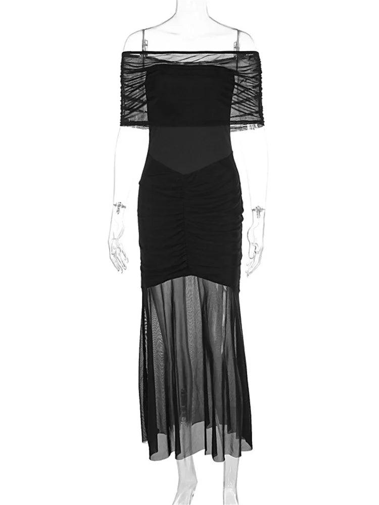 Tossy Autumn Mesh 2 Piece-Set Long Dress Women Off-Shoulder Pleated Elegant Bandeau Dress See-Through Female Maxi Dress Outfits - MauBai