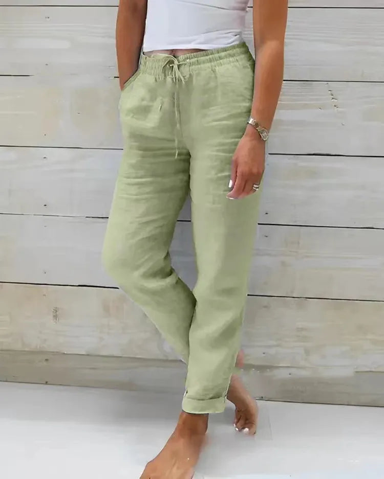 Cotton Linen Summer Pants for Women High Waist Elastic Casual Trousers Streetwear Solid Female Clothes 2024 Loose Pencil Pants