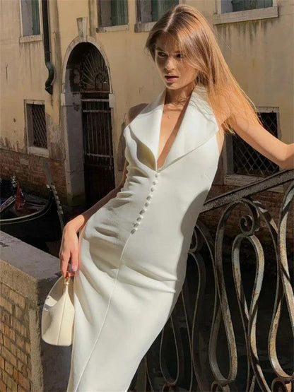 Tossy Lapel Backless Elegant Party Dress Gown For Women Slim High Waist Patchwork Sleeveless Dress Summer Female Long Dress 2025 - MauBai