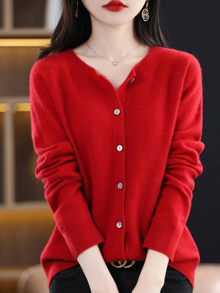 Addonee Women 100% Merino Wool Sweater Cashmere O-neck Cardigan Raglan Sleeve Classical Knitwear Solid Fashion Basic Clothing