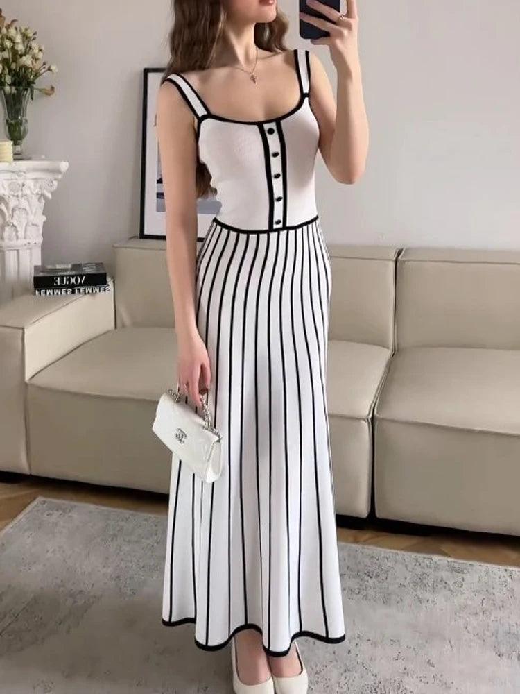 Tossy Striped Knit Backless Maxi Dress Women Slim Contrast Strapless Fashion Elegant Party Dress 2024 Knitwear Female Long Dress - MauBai