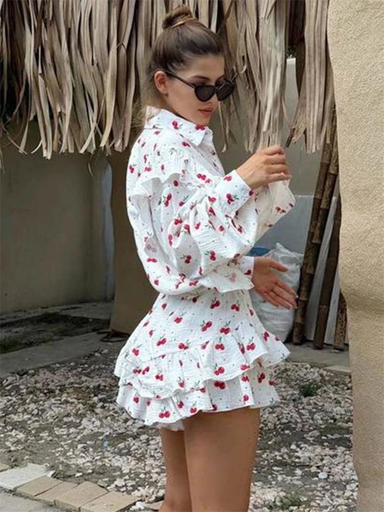 Tossy Ruffled Printed Patchwork 2 Piece-Set Female Lace-Up Long Sleeve Cardigan And High Waist Shorts Sets Ladies OOutfits 2025 - MauBai