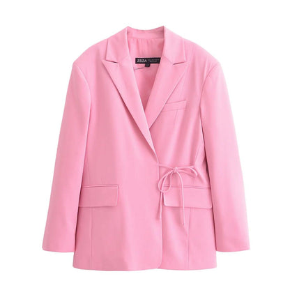 TRAFZA Women Pink Blazer Suit Turn-Down Collar Long Sleeves Pocket Lace-Up Blazers Top+Fashion High Waist Zipper Wide Leg Pant - MauBai