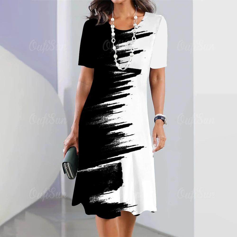 Fashion Striped Woman Clothing Dresses Simplicity Print Short Sleeve Women's Dress Elegant Black Female Long Dress Pullover 2024