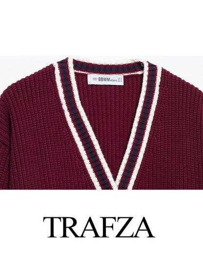 TRAFZA Women New Fashion Sweaters Solid V-Neck Long Sleeves Pockets Single-Breasted Cardigan Female Spring Elegant Knitted Tops - MauBai