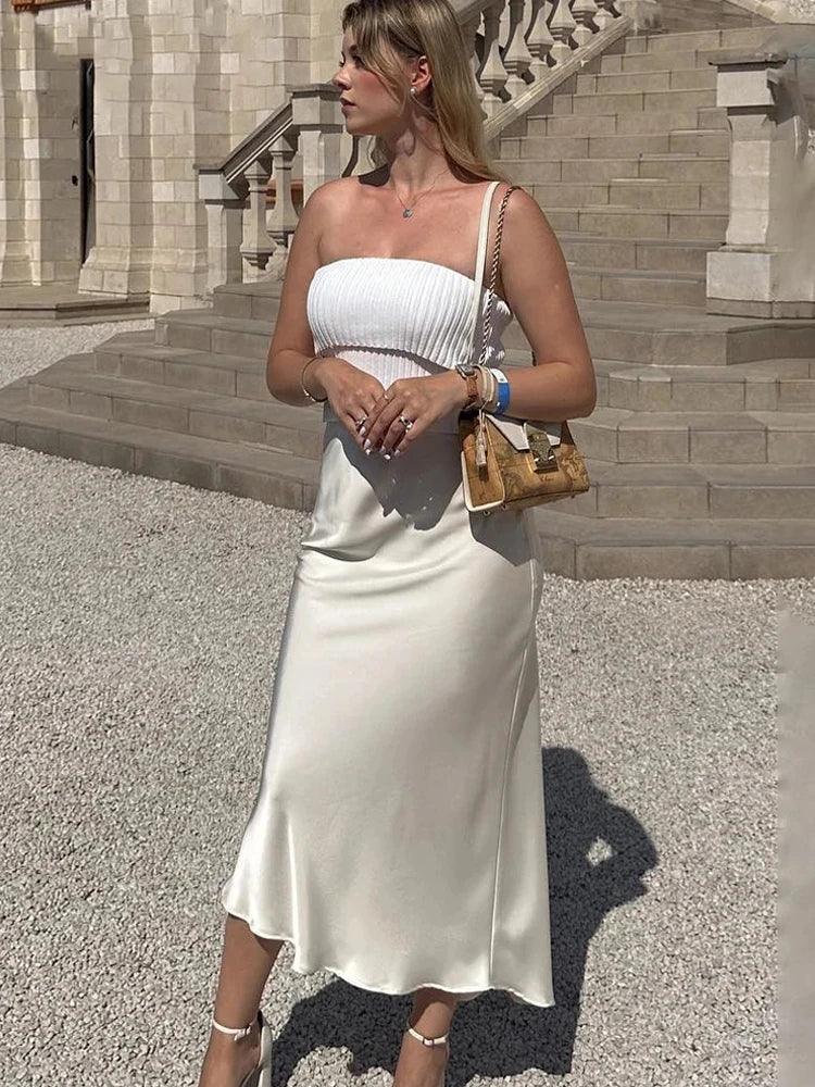 Tossy White High Waist Slim Maxi Skirt For Women Satin Fashion Elegant Solid Patchwork Casual Clothes Summer 2024 Long Skirt New - MauBai