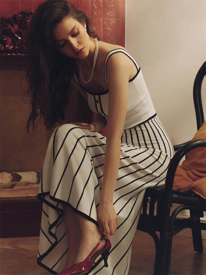 Tossy Striped Knit Backless Maxi Dress Women Slim Contrast Strapless Fashion Elegant Party Dress 2024 Knitwear Female Long Dress - MauBai