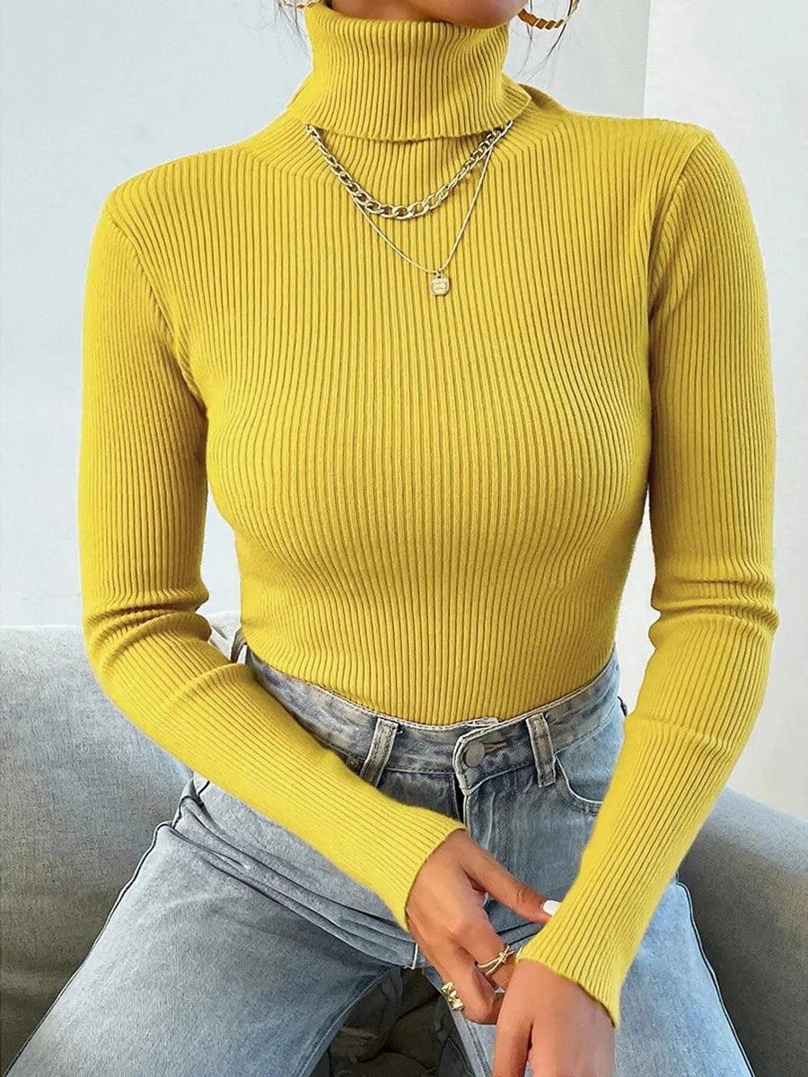 2025 Autumn Winter Women Knit Solid Turtleneck Pull Sweater Casual Rib Jumper Tops Female Home Pullover Y2K Clothing - MauBai