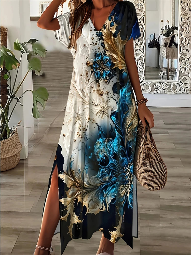 Women's Dresses Summer Ladies Textured Printed Evening Fashion Splicing V Neck Loose Bohemian Resort Split Long Dress Basic