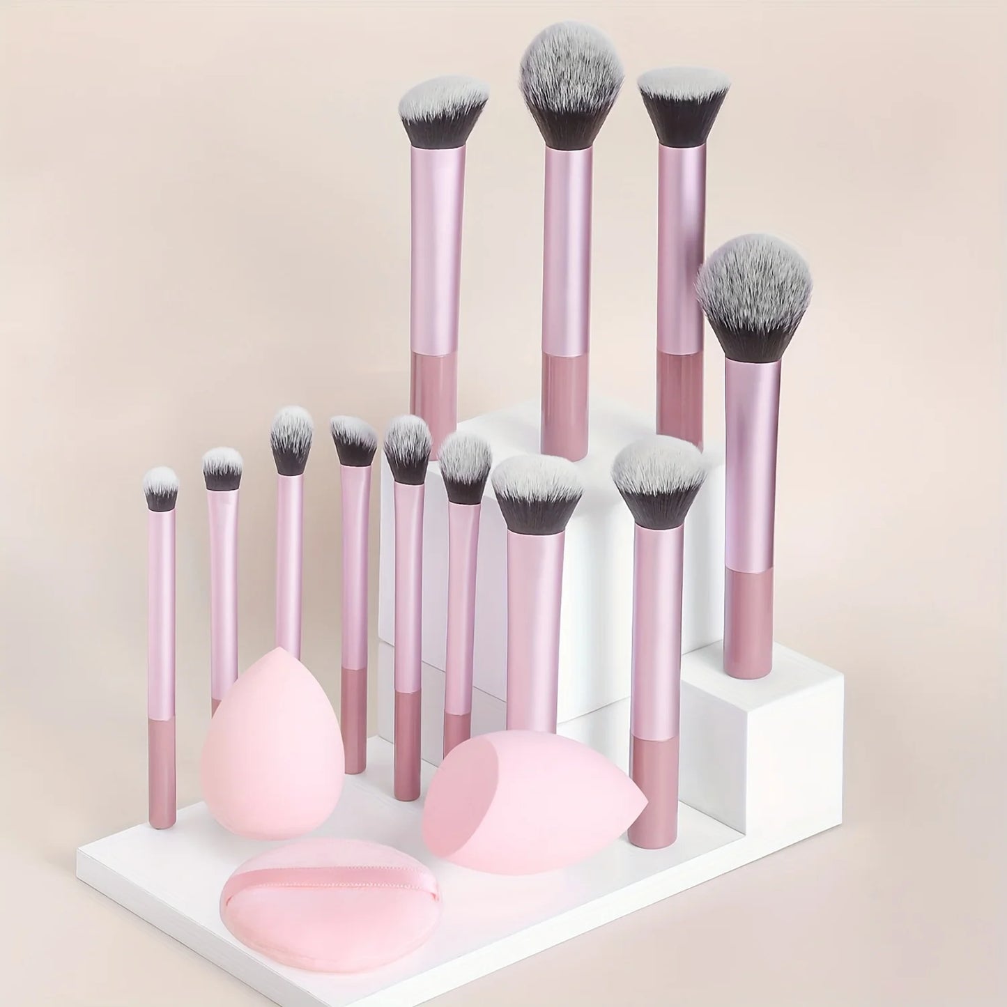 12-Piece Classic Full Makeup Brush Set with Angled and Teardrop Blenders, 1 Powder Puff - Professional Application Tools, Nylon