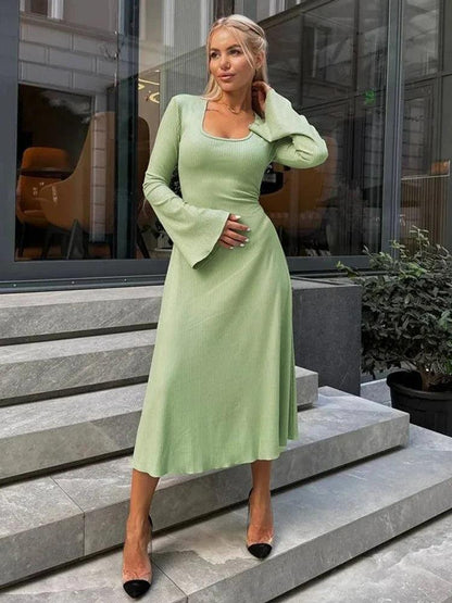 Tossy Scoop Neck Lace-Up Ribbed Maxi Dress Female Long Sleeve Fashion Slim Loose Bandage Dress Autumn 2023 Solid Women Dress New - MauBai