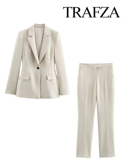 TRAFZA Women Blazer Suit Fashion Long Sleeves Lapel One Buckle Decorate Suit Jacket+Elegant Side Pocket Zipper Casual Trousers - MauBai