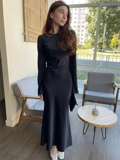 Tossy Satin Fashion Slim Maxi Dress For Women Long Sleeve High Waist Elegant Solid Party Dress Casual Luxury Ladies Autumn Dress - MauBai