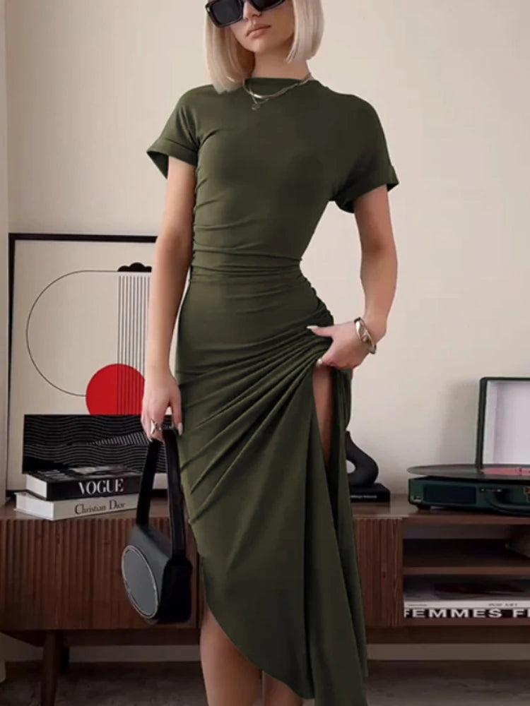 Women's Elegant O Neck Maxi Dress Short Sleeve Slim High Waist Shirring Dress Sexy Side Slit Evening Club Bodycon Dress Lady - MauBai